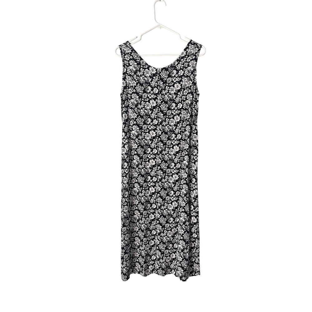 Erika Vintage 90s Black White Floral Sleeveless Midi Dress Cottagecore Grunge